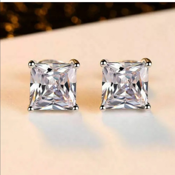 New Princess White Sapphire Square Stud Earrings - Picture 5 of 5